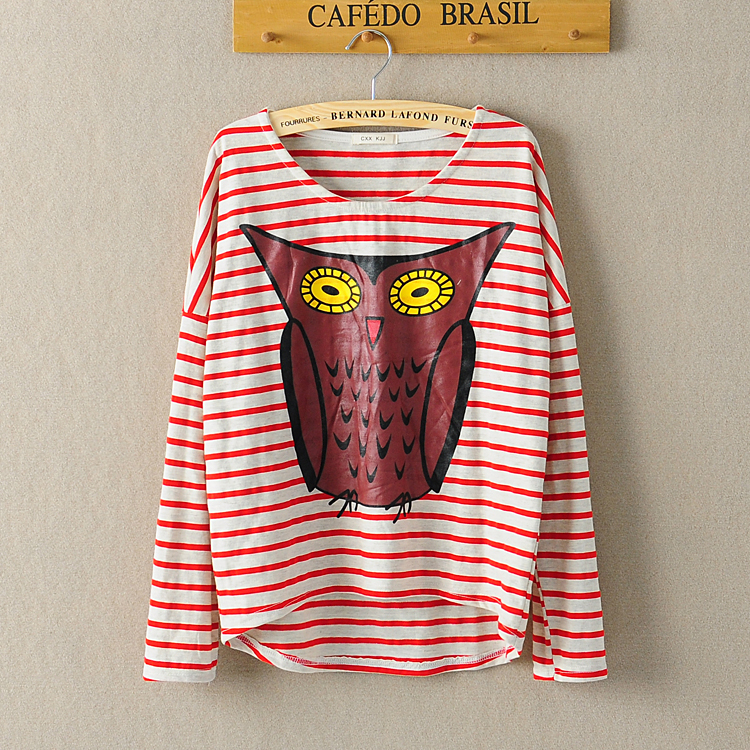A 083010 Striped Owl Printing Loose T-shirt